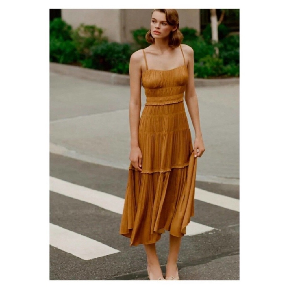 Anthropologie gold/bronze tiered midi dress